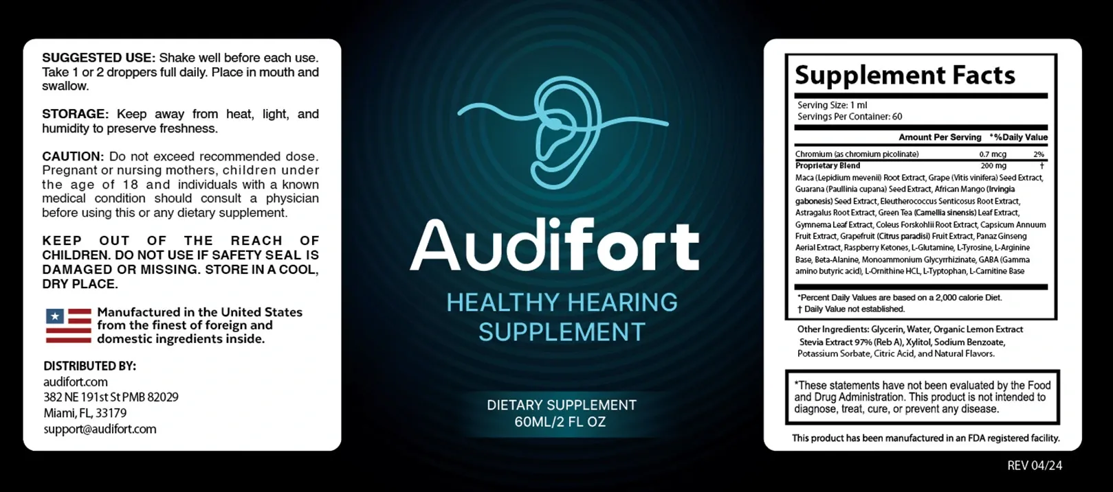 Audifort supplement facts and ingredients label